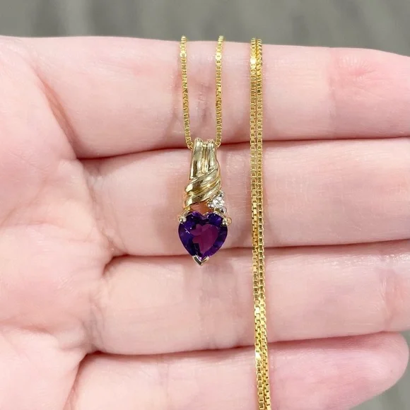 14K Amethyst heart cut dark purple genuine natural petite yellow gold pendant​​​